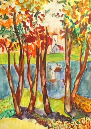 Vintage German Expressionist Landscape Watercolor Painting Signed H.  M.  Pechstein