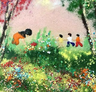 Vintage Signed Louis Cardin Enamel On Copper Painting Children Collecting Flower