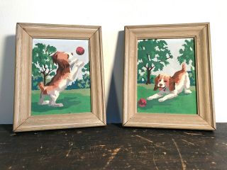 Pair Vintage Beagle Framed Dog W Ball Paint By Number Art Pictures Mcm Pbn 60s