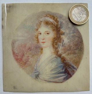 1644 Italian Watercolor Miniature Lady Portrait On Wafer Xixth Century
