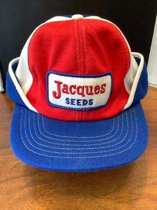 Vtg Jacques Seeds Trucker Hat Cap Patch Swingster Red White Blue Ear Flaps Lg F3