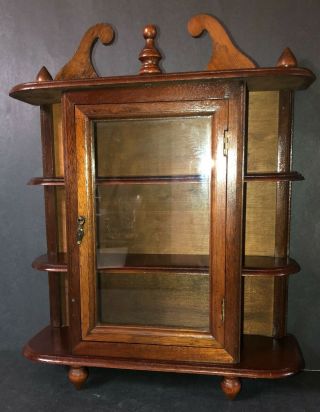 Vintage Small Wooden Wall Display Curio Cabinet Glass Door 17in X14in X5in