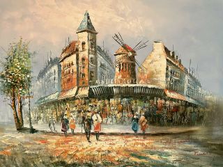 Caroline Burnett Paris Street Scene Moulin Rouge Oil Painting In Frame