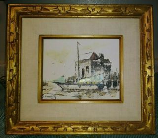 MCM Adriano Marchello Oil Vignette Painting Sailboat Building Listed EX 2