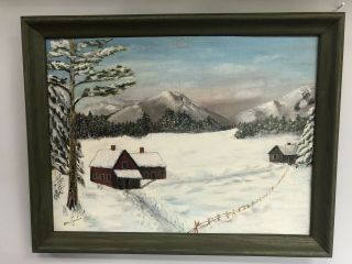 Vintage Framed Oil Painting On Canvas Board,  Winter Scene (grandma Moses Style)