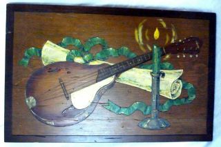 Oil Painting On Wood Carved Still Life Painting Mandolin Signed M.  Maddux 1968