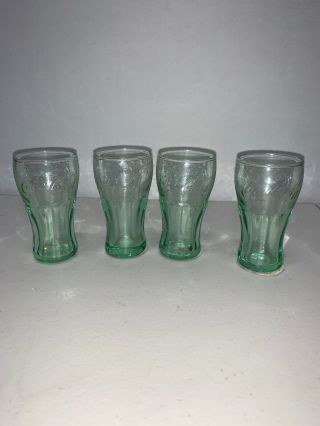 Set Of 4 Vintage Green Glass Coca Cola Coke Glasses 3 " Mini Glasses Shot Juice