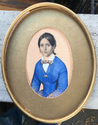 LOVELY ca.  1840 ' s Colored PORTRAIT of a Mystery LADY in Oval Frame 19th 2
