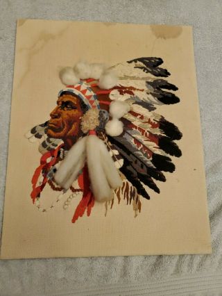 Vintage Native American Indian Chief Finished Crewel Embroidery Art No Frame