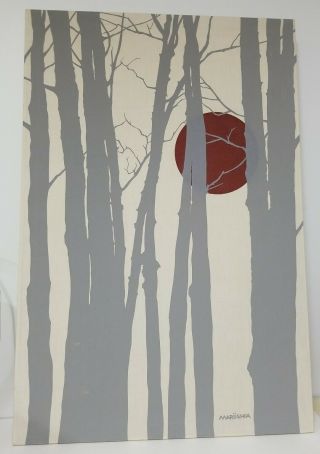 Vintage Marushka Framed Canvas Textile On Wood Trees Moon Screen Print