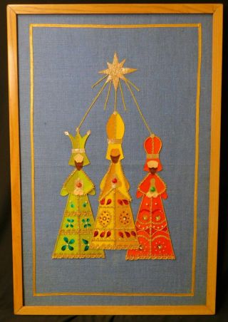 Mid Century Mixed Media Textile Nativity Scene 3 Wise Men Wall Hanging Vintage