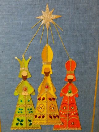 Mid century mixed media textile Nativity scene 3 Wise Men wall hanging vintage 2