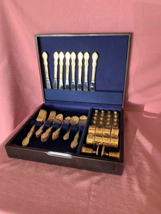 International China 71 - Pc Gold Plated Deluxe Flatware Wooden Case Shelf 3
