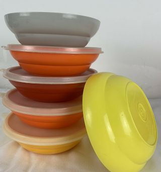 10 Pc Vintage Tupperware Cereal Bowls 155 & Lids 227 Usa Orange Yellow Red Gray