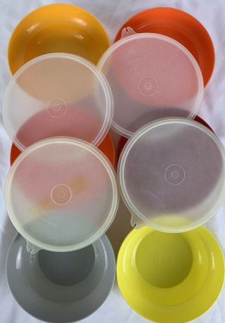10 Pc Vintage Tupperware Cereal Bowls 155 & Lids 227 USA Orange Yellow Red Gray 2