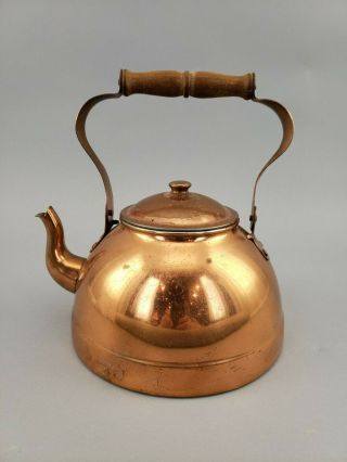 Vintage Copper Tea Pot Kettle Made In Portugal With Wood Handle - Gooseneck