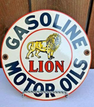 Vintage Gasoline Lion Motor Oils 6 " Porcelain Enamel Sign Gas Oil Pump Station
