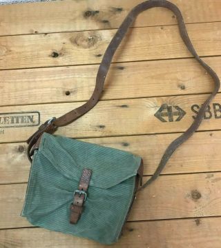1987 Vintage Swiss Army Military Shoulder Bag Leather And Canvas