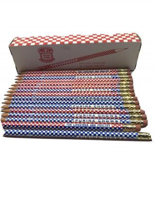 16 Vintage Purina Chows Pencils Blue & Red Check Feed & Seed Store Pencil W/ Box