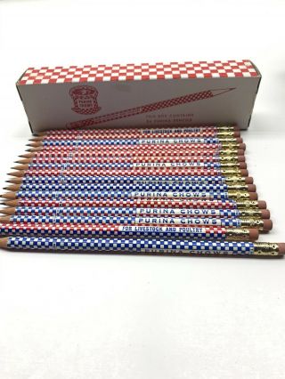 16 Vintage Purina Chows Pencils Blue & Red Check Feed & Seed Store Pencil w/ box 2