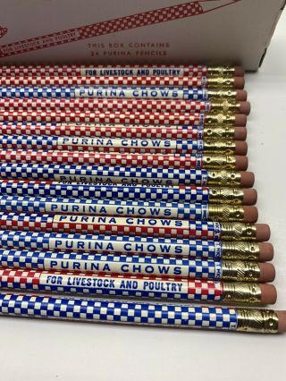 16 Vintage Purina Chows Pencils Blue & Red Check Feed & Seed Store Pencil w/ box 3