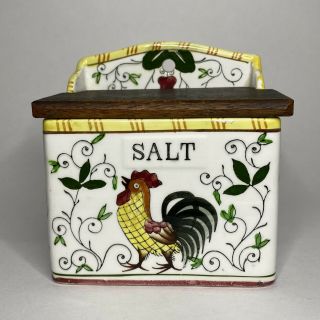 Vintage Hanging Ceramic Hand Painted Rooster Roses Salt Box Wooden Lid