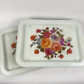 Set Of 2 Vintage Metal Tv Lap Tray W/ Folding Legs Floral Flowers Bed Food Tray