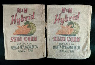 2 Pair Vintage M&m Hybrid Seed Corn Bag Sack 1 Bu Ohio Make 16 " Pillows L1