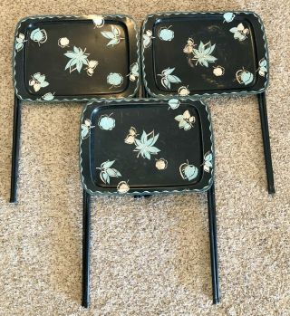 Vintage Cal - Dak Metal Tv Trays With Stand (3) Black Turquoise White