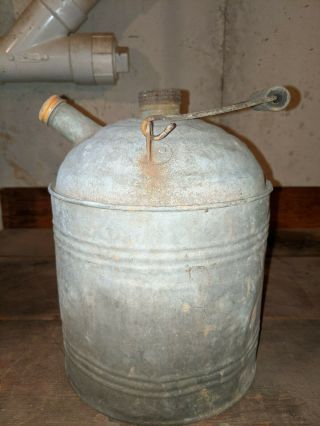Vintage Galvanized Metal Oil Gas Kerosene Can With Wood Handle