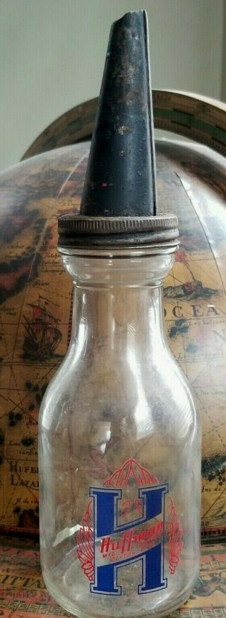 Vintage Huffman Glass Motor Oil Bottle 1 Liquid Quart,  Dayton Ohio & Metal Spout