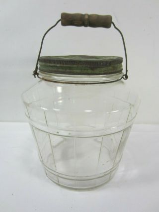 Vintage Glass Pickle Jar W/wire Bail & Wooden Handle - Barrel Style Ah