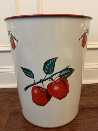 Large Vintage Mid Century 50s Apple Trash Can Tin Red Interior 15” Tall Decoware