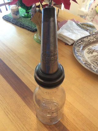 Vintage Embossed Glass Quart Motor Oil Glass Bottle With Metal Spout.  Master Mfg.