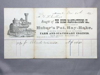 1876 Huber Hay - Rake Farm Steam Engines Receipt Antique Advertising