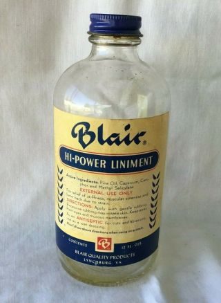 Vintage Blair Hi Power Liniment Bottle Lynchburg Virginia Empty Medicine