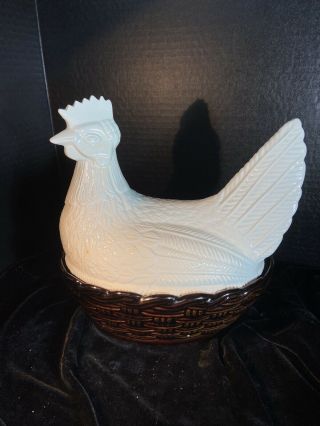 Vintage Hen/chicken Sitting On Woven Basket,  Ceramic Egg / Soup Tureen