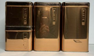 Vintage Mid - Century Set Of 4 Beautyware Lincoln Copper Stacking Canisters