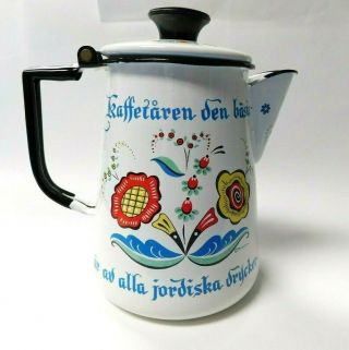 Vintage Swedish Enamel Coffee Pot Berggren W/attached Lid Tole Rosemaling Flower