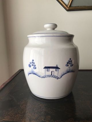 Williams - Sonoma 1990’s Large Cookie Jar Blue And White Hand Painted Portugal