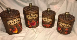 Vintage Treasure Craft Canisters Ceramic Wood Grain Flour Sugar Coffee Tea Fruit
