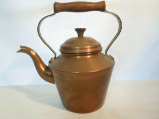 Vintage Tin Lined Copper Tea Pot With Wood Handle & Top Knob Made In Portugal