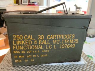 Vintage Military Ammunition Metal Box 250 Cal 30 Cartridges Date 10/69