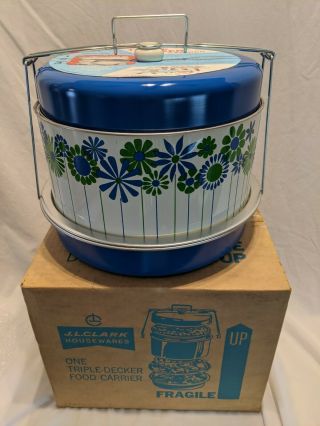 Vintage Jl Clark Floral Metal Triple Decker Food Carrier Plus Bonus Dinex Bowl