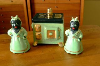 40s Vintage 3pc Salt & Pepper Plus Grease Jar Range Set_apple Grn Pottery_people