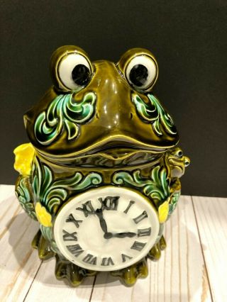 Vintage Mcm Green Frog Ceramic Cookie Jar Clock Flowers Whimsical Retro Japan