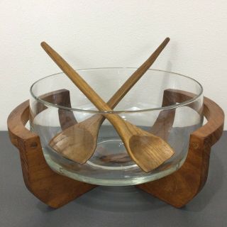 Gailstyn - Sutton Danish Mid Century Modern Teak Wood Salad Serving Glass Bowl Set