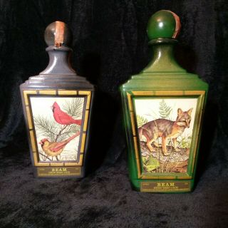 2 Vintage Jim Beam Whiskey Bottle Decanters Fox Cardinal Wildlife Lockhart 1982
