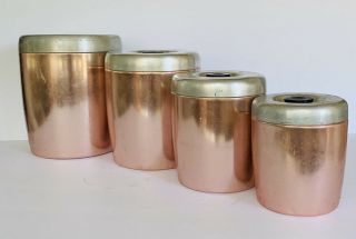 Vintage West Bend Rose Gold Aluminum Kitchen Canister Set Of 4 Retro Atomic