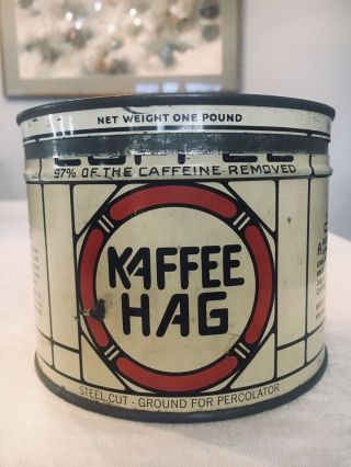 Antique Kaffee Hag 1lb Keywind Coffee Tin Litho Can,  Cleaveland,  Ohio,  1927